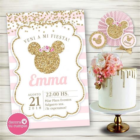 Kit Imprimible Personalizado Minnie Rosa Y Dorado Glitter Cumplea Os