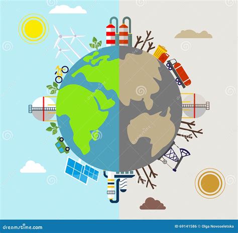 Planet Polluted And Environmentally Friendly Plants Vector Illustration ...