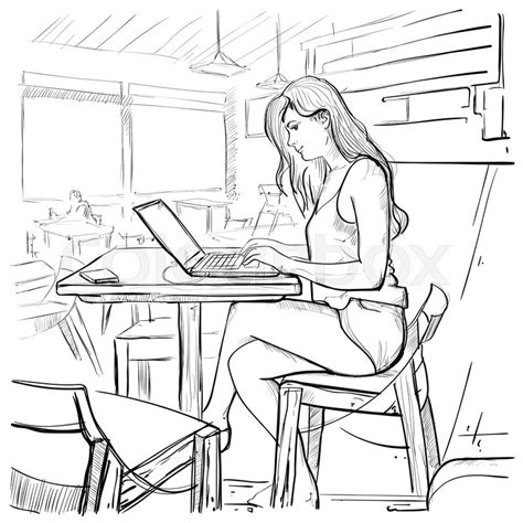 Girl Typing On Laptop Computer Sketch Stock Vector Colourbox