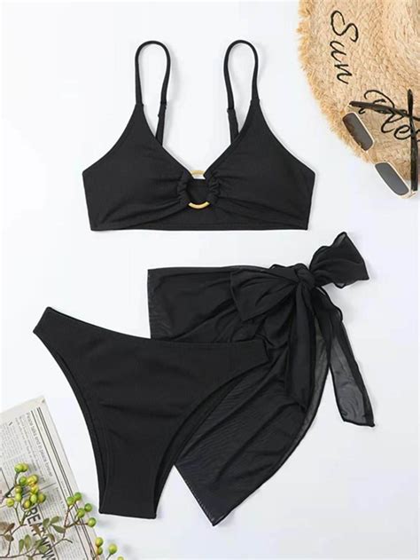 Plain Ring Linked Bikini Swimsuit With Beach Skirt Shein Usa