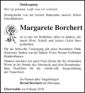 Traueranzeigen Von Margarete Borchert M Rkische Onlinezeitung