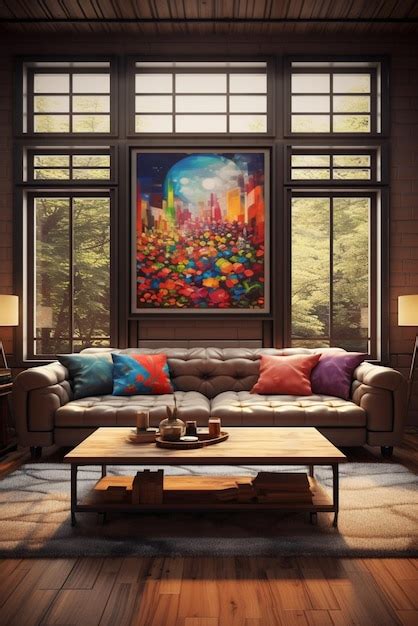 Premium Photo A Living Room With A Couch Coffee Table And A Painting