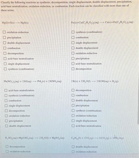 Solved Classify The Following Reactions As Synthesis