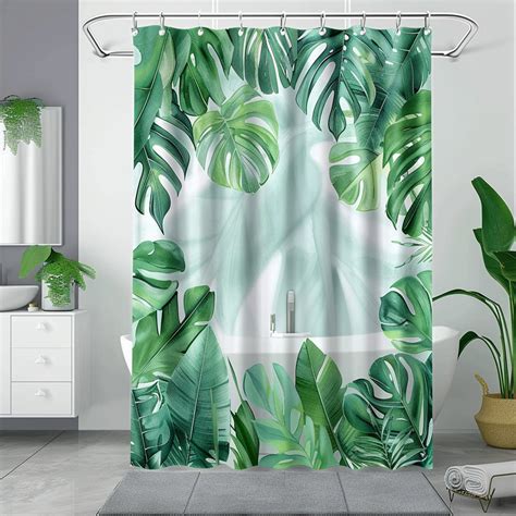 Tropical Rainforest Leaves Shower Curtain With Monstera Deliciosa And