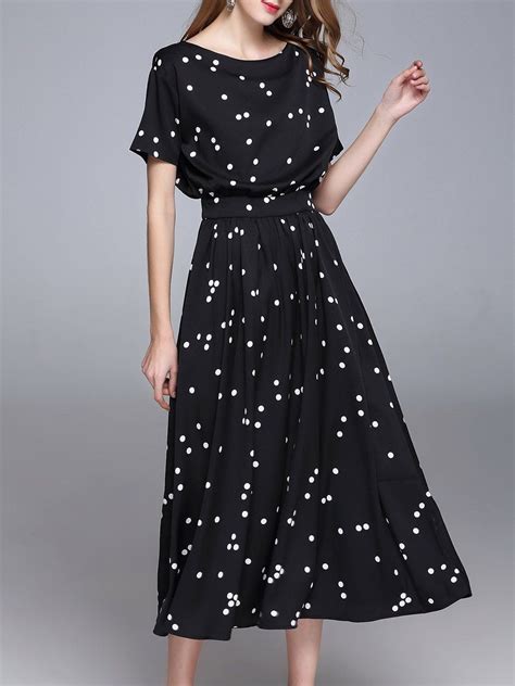 Black Printed Polka Dots Short Sleeve A Line Midi Dress Midi Dress Casual