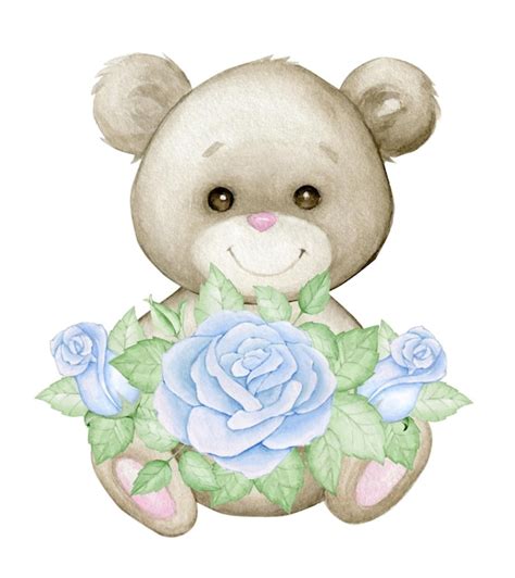 Buqu De Ursinho De Pel Cia De Flores Azuis Clipart De Aquarela Em Um