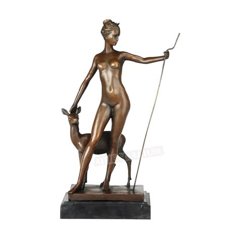 Bronze Statue Nude Girl With Deer Sculpture Antique Naked Woman Art