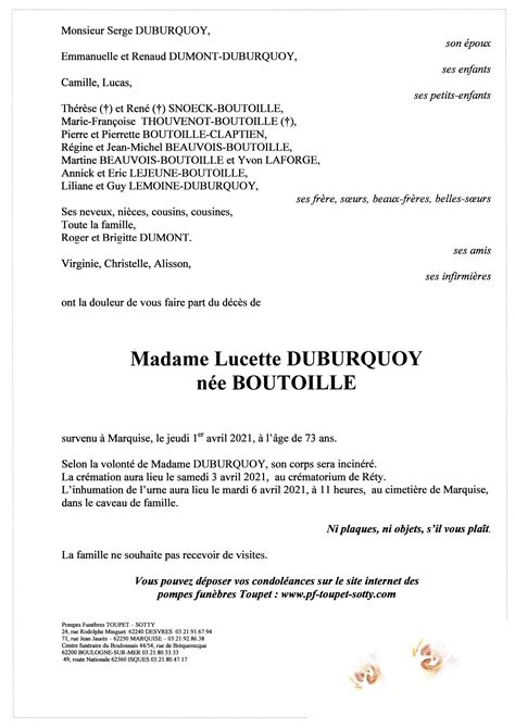 Madame Lucette Duburquoy Pompes Funèbres Toupet Sotty