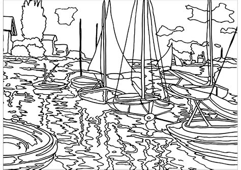 Drawing to color created from a painting by Impressionist artist Claude Monet : Sailboats on the ...