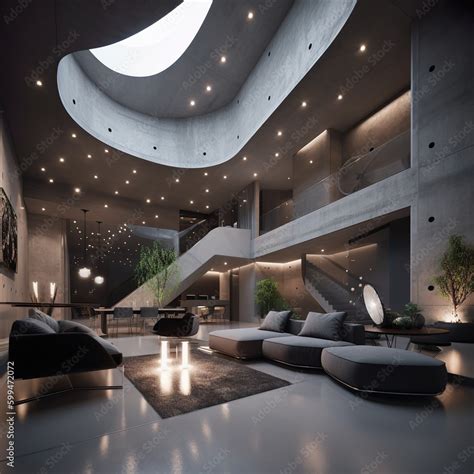 Futuristic minimalist living room with extremely tall ceilings and ...