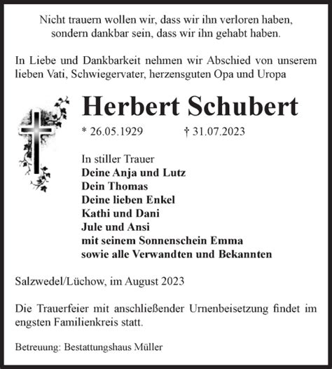 Traueranzeigen Von Herbert Schubert Abschied Nehmen De