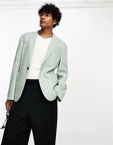 Asos Design Skinny Linen Mix Suit Jacket In Sage Asos