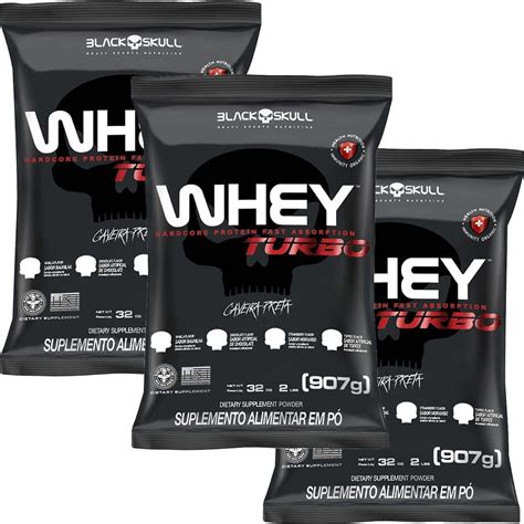 Kit 3x Whey Turbo 907g Refil Morango Black Skull Otimanutri