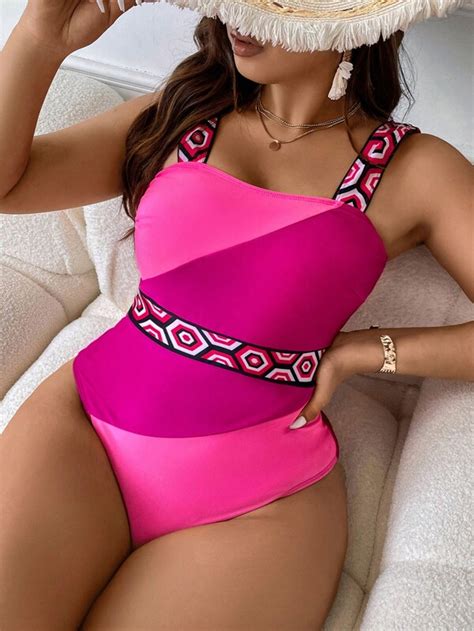 SHEIN Swim BohoFeel Plus Geo Print Colorblock One Piece Swimsuit