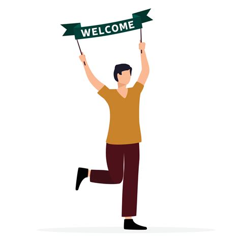 European Man With Ribbon Welcome Man Hand Up With Welcome Banner