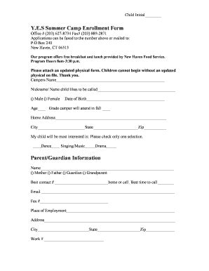 Fillable Online Y E S Summer Camp Enrollment Form Fax Email Print