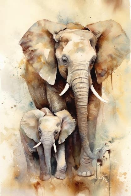 Una Pintura De Acuarela De Una Madre Elefante Con Su Beb Foto Premium