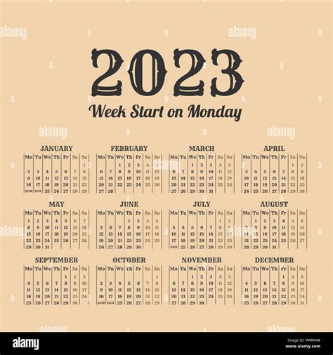 Year Retro Calendar Weeks Start On Monday Stock Vector Image