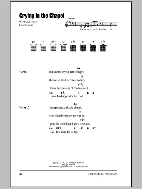 Crying In The Chapel By Elvis Presley Sheet Music For Guitar Chords