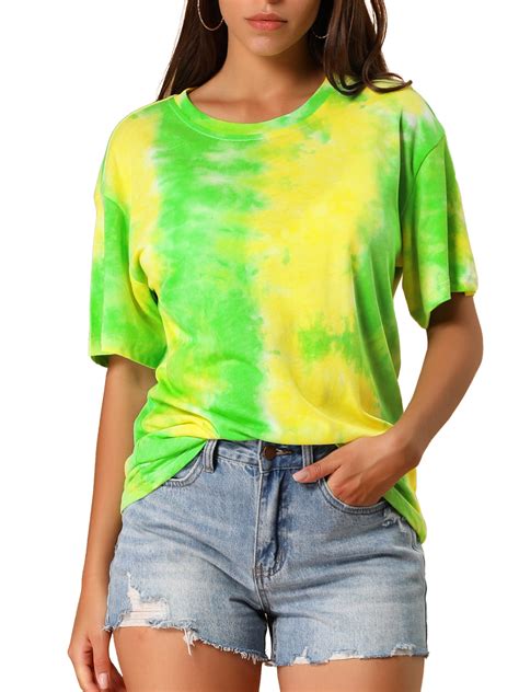 Allegra K Womens Tie Dye Tops Round Neck Short Sleeves T Shirts