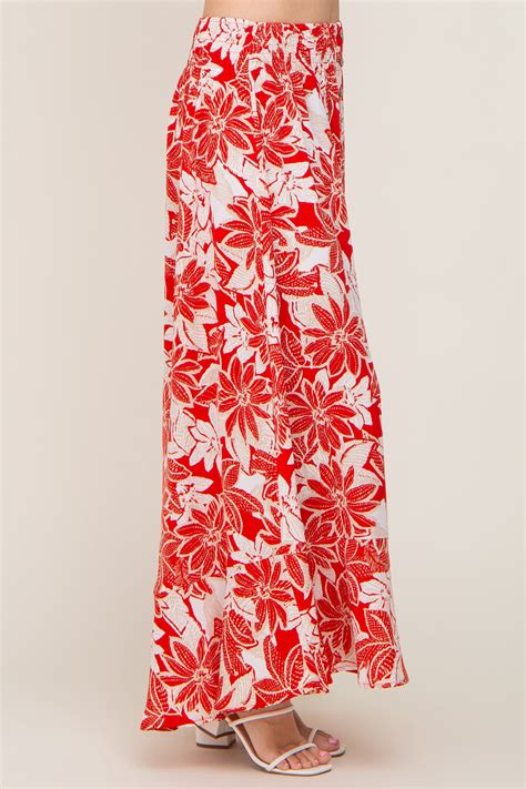 Red Floral Button Front Ruffle Hem Maxi Skirt Pinkblush