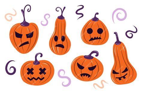 Premium Vector Set Carved Halloween Pumpkin With Spooky Face Vector Illustration