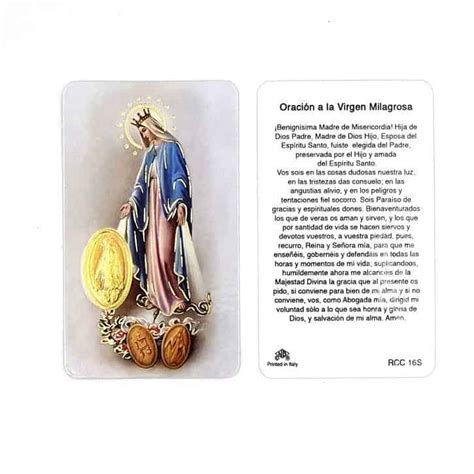 Estampa Virgen Milagrosa con medalla dorada plastificada y con oración