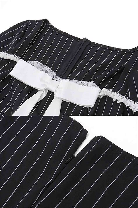 Square Neck Bow Tie Striped Long Sleeve Mini Dress Arolora