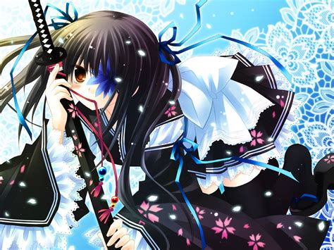 Black haired girl anime character holding katana and wearing school ...