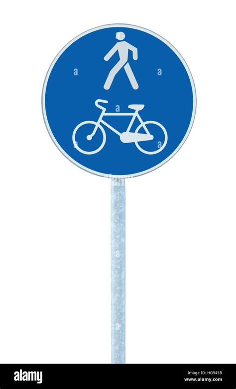 Bicycle and pedestrian lane road sign on pole post, large blue round ...