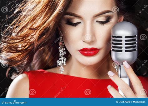 Beautiful Singing Girl Beauty Woman In Red Dress With Microphone Stock Image Image Of