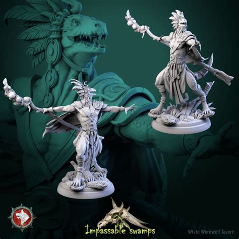 3d Printable Lizardfolk Sorcerer 32mm And 75mm Pre Supported By White