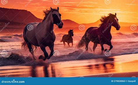 Wild Horses Galloping on the Beach Amidst a Breathtaking Sunrise and Vibrant Ocean Waves ...