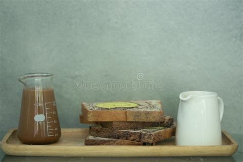 Set Of Easy Breakfast Hot Coffee Milk And Bread Stock Photo Image