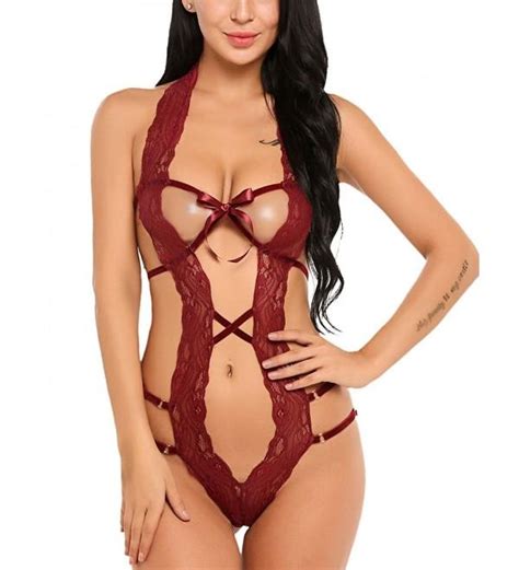 Women Deep V Halter Lingerie Teddy One Piece Bodysuit Lace Babydoll