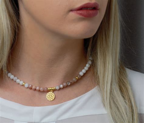 Echte Mondstein Kette für Damen Anhänger Lebensblume Silber Gold