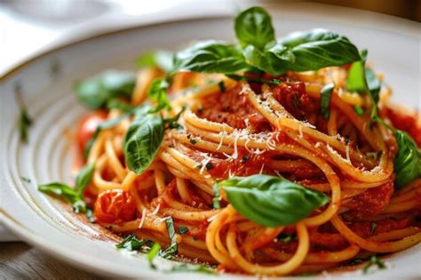 Premium AI Image | A plate of spaghetti with basil and parmesan cheese