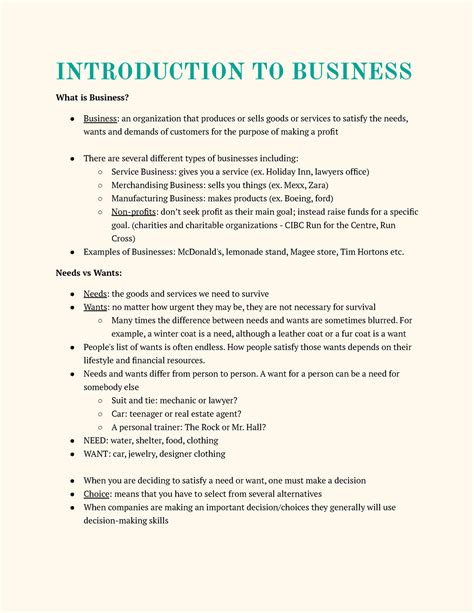 Introduction To Business Notes Introduction To Business What Is