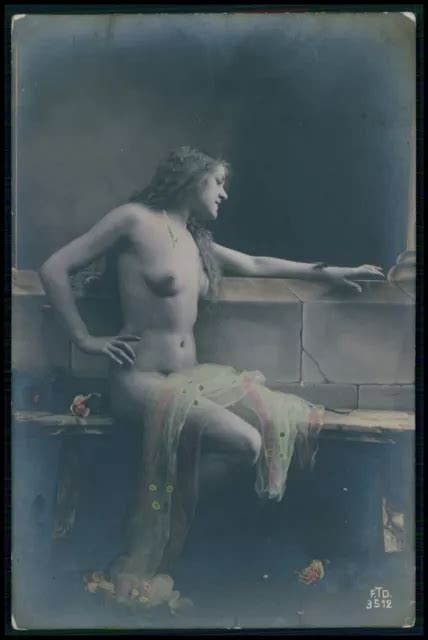 French Nude Woman Puffy Breasts Original Old S Tinted Color Photo