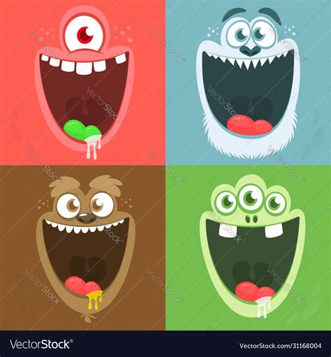 Cartoon Monster Faces Set Set Four Halloween Vector Image