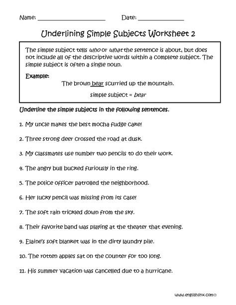 Underlining Simple Subject Worksheet Part Subject And Predicate