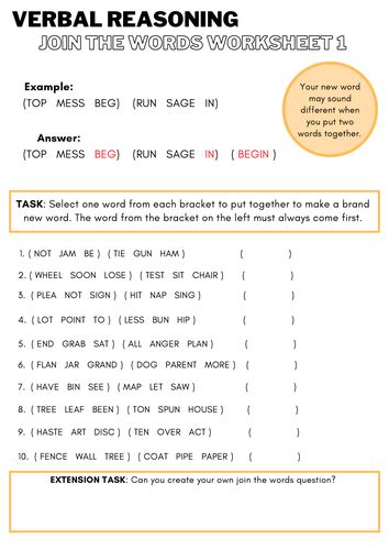 Verbal Reasoning 11 Exam Preparation Worksheets Teaching Resources