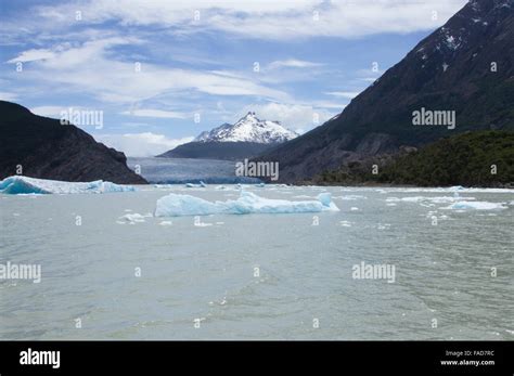 Grey Glacier calving icebergs into Grey Lake in Torres del Paine ...