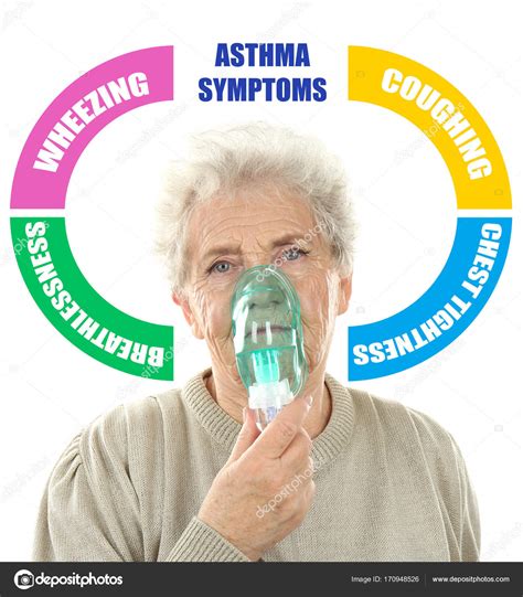 Senior woman with asthma machine and list of symptoms on white