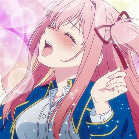 An Anime Girl With Pink Hair And Blue Eyes Holding Her Hand Up To Her Face