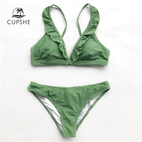 Cupshe Green Polk Dot Ruffle Bikini Set Women Cute Two Pieces Swimwear