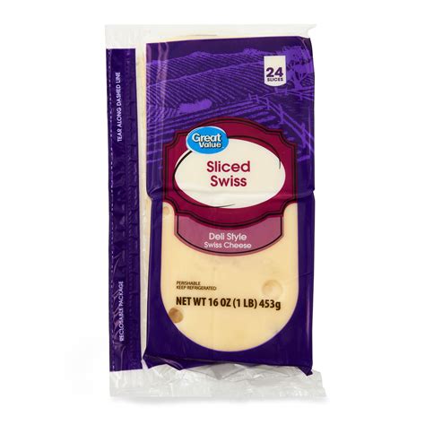 Great Value Gluten Free Deli Style Sliced Swiss Cheese 16 Oz 24 Count