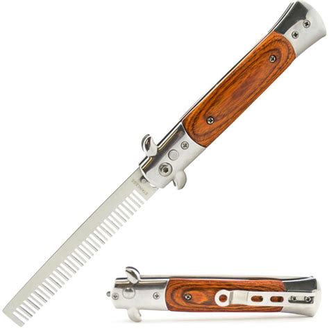 Automatic Push Button Folding Comb Switchblade Knife Wood Ha