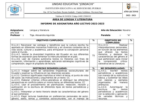 Lengua 9NO ÁREA DE LENGUA Y LITERATURA INFORME DE ASIGNATURA AÑO