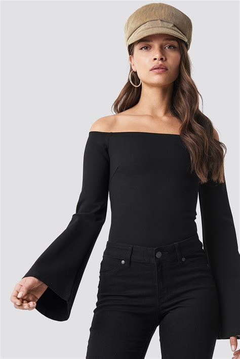 Off Shoulder Trumpet Sleeve Top Black Na